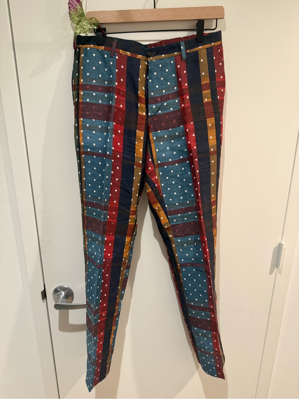 Etro Multicolor Striped & Polka Dot linen Pants - Blue, Red & Mustard